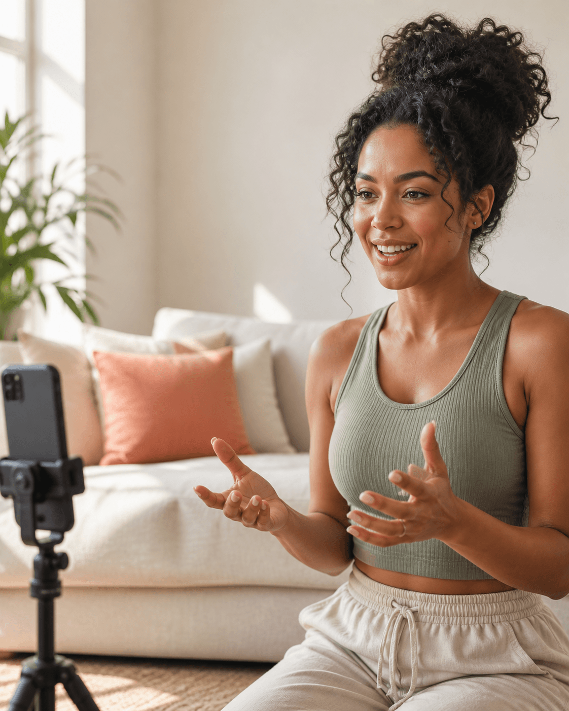 A health creator filming a video at home